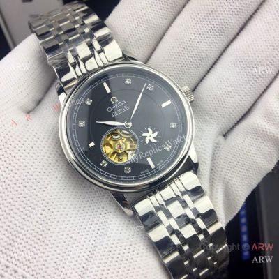 Copy Omega De Ville Tourbillon 41mm Watches - Stainless Steel Black Dial